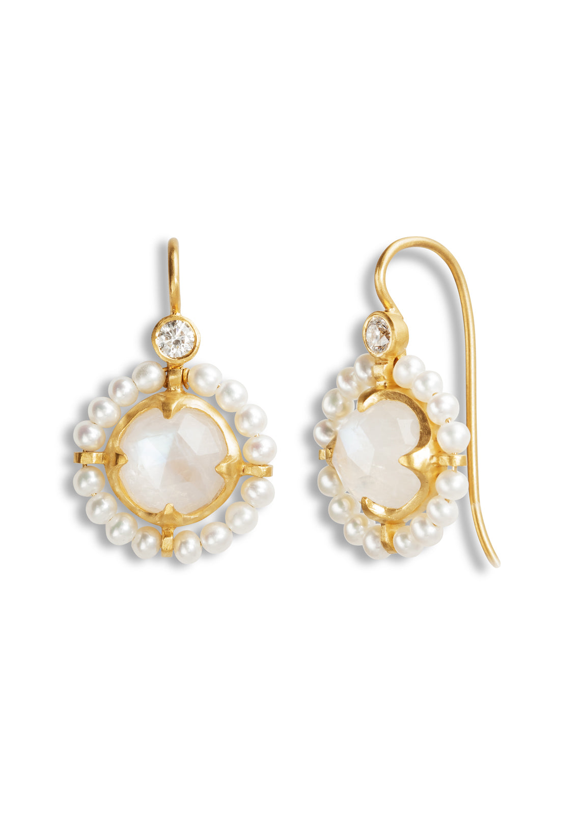 Rainbow Moonstone and Akoya Pearl Orbit Yellow Gold Earrings