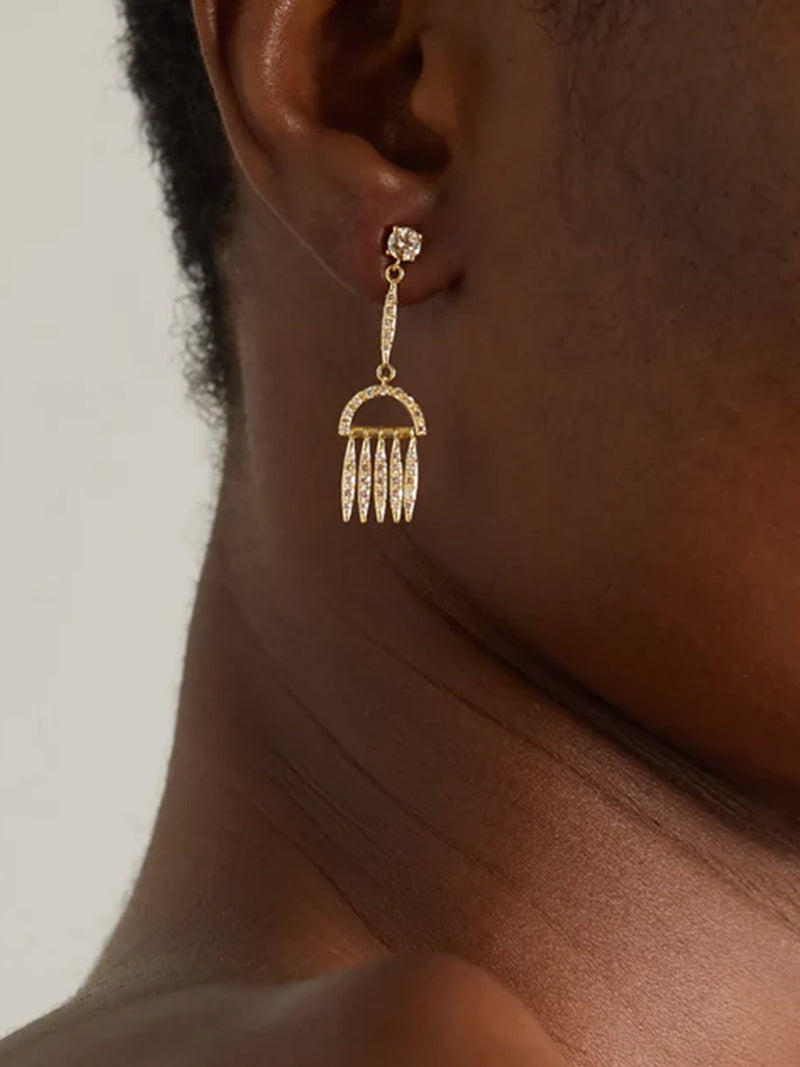 Diamond Grass Palm Fringe Yellow Gold Earrings