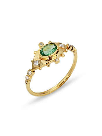Green Tourmaline and Diamond Eye Yellow Gold Ring