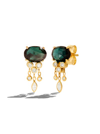 Blue Green Tourmaline & Diamond Jellyfish Yellow Gold Earrings