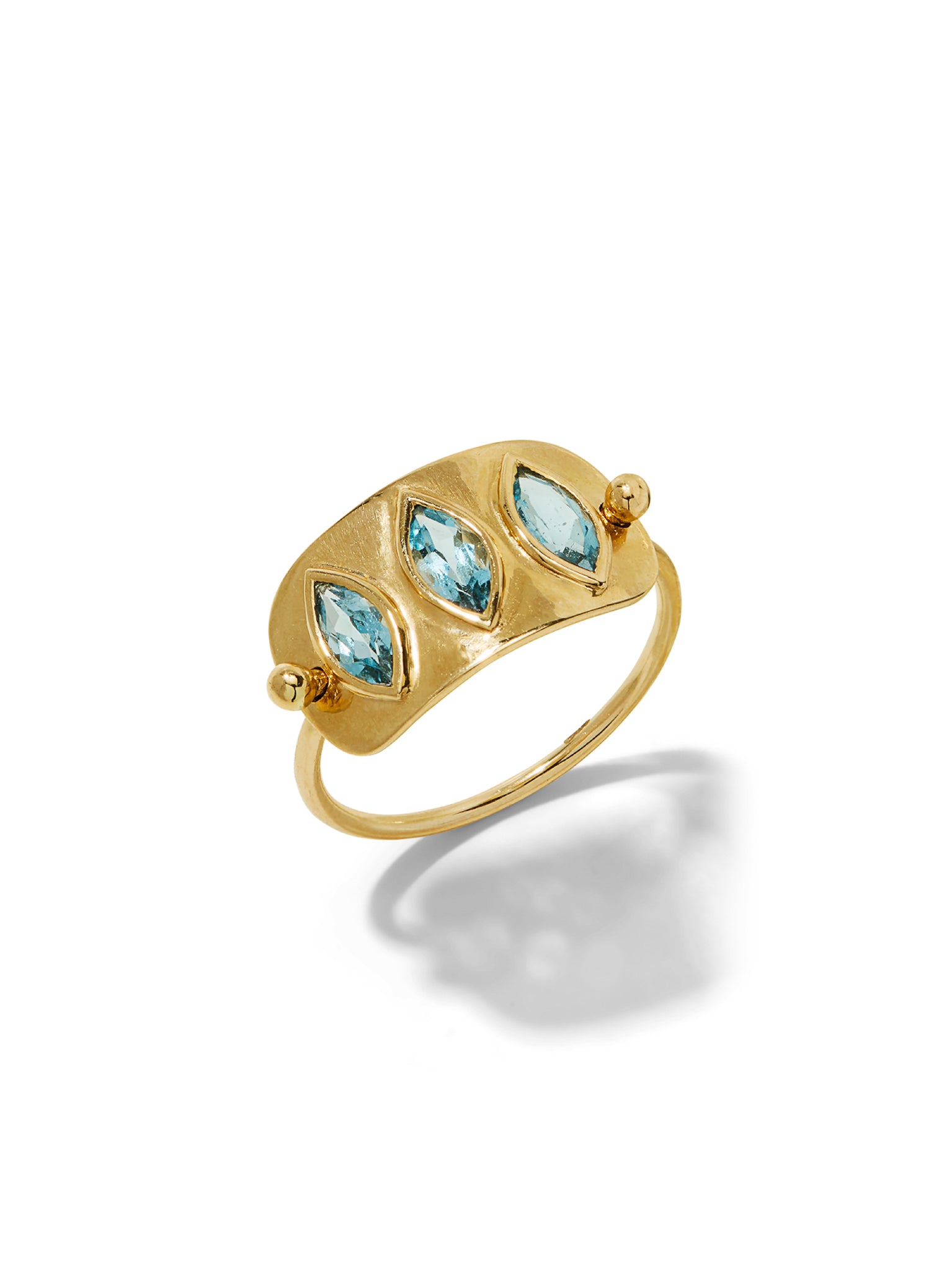 Triple Marquise Aquamarine Plate Yellow Gold Ring