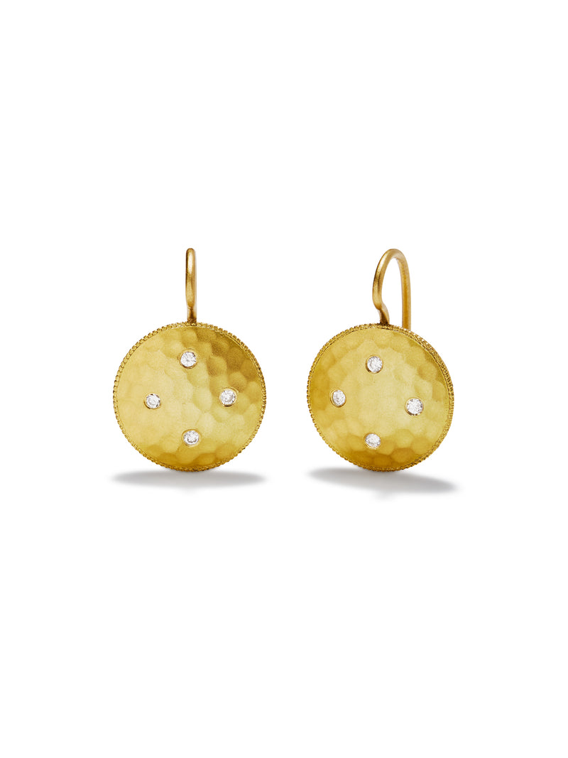 Diamond Hammered Disc Yellow Gold Earrings