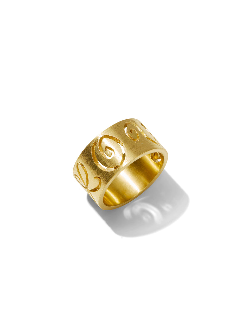 Wide Carved Love Yellow Gold Band Ring