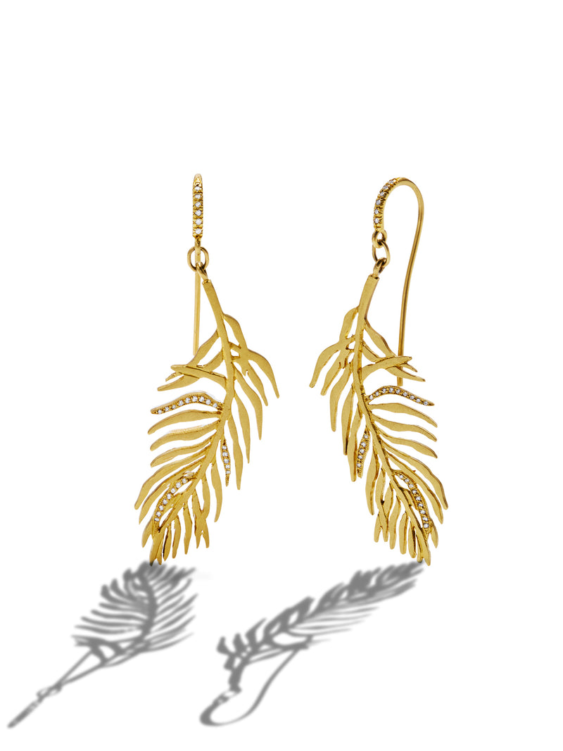 Diamond Feather Earrings - Yellow Gold