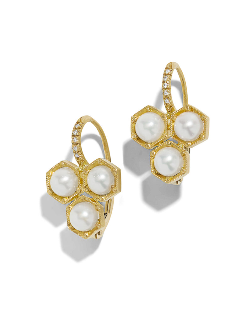 Large Pearl Triple Hexagonal Yellow Gold Earrings