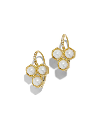 Large Pearl Triple Hexagonal Yellow Gold Earrings