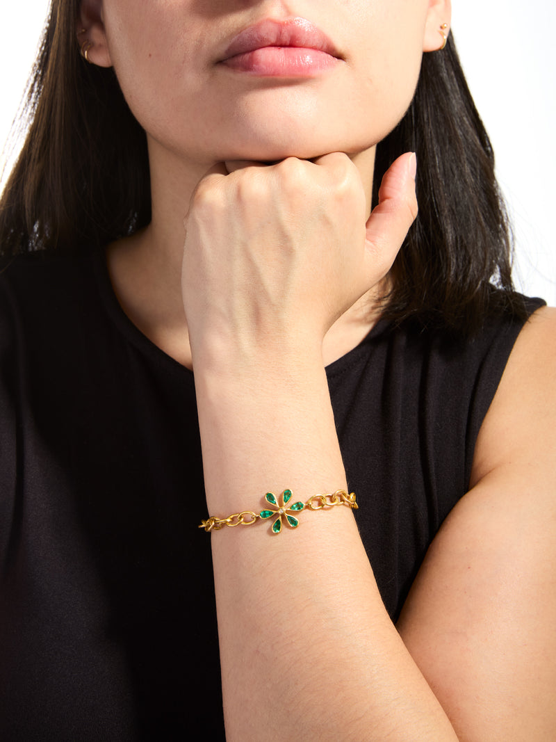 Zambian Emerald Flower Yellow Gold Bracelet