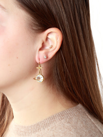 White Topaz Heavenly Planet & Stars Yellow Gold Earrings