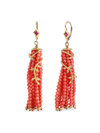 Coral and Ruby Tassel Vine Yellow Gold Earrings