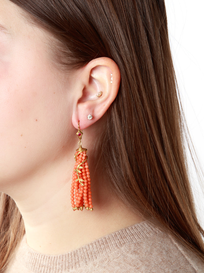 Coral and Ruby Tassel Vine Yellow Gold Earrings