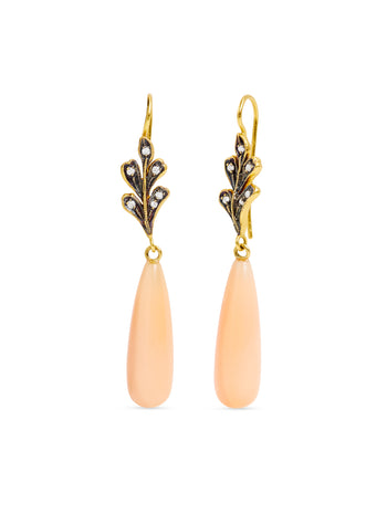 Peach Moonstone On Oak Leaves Yellow Gold Drop Earrings