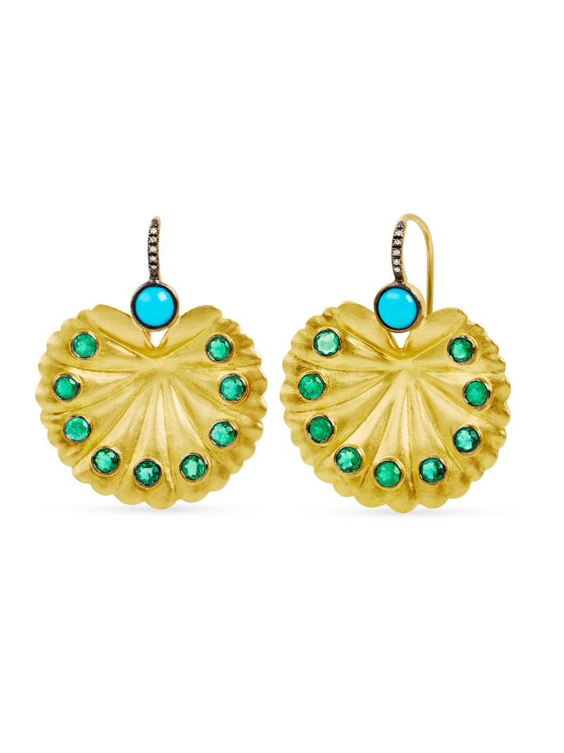 Turquoise & Emerald Forest Lily Pad Yellow Gold Earrings