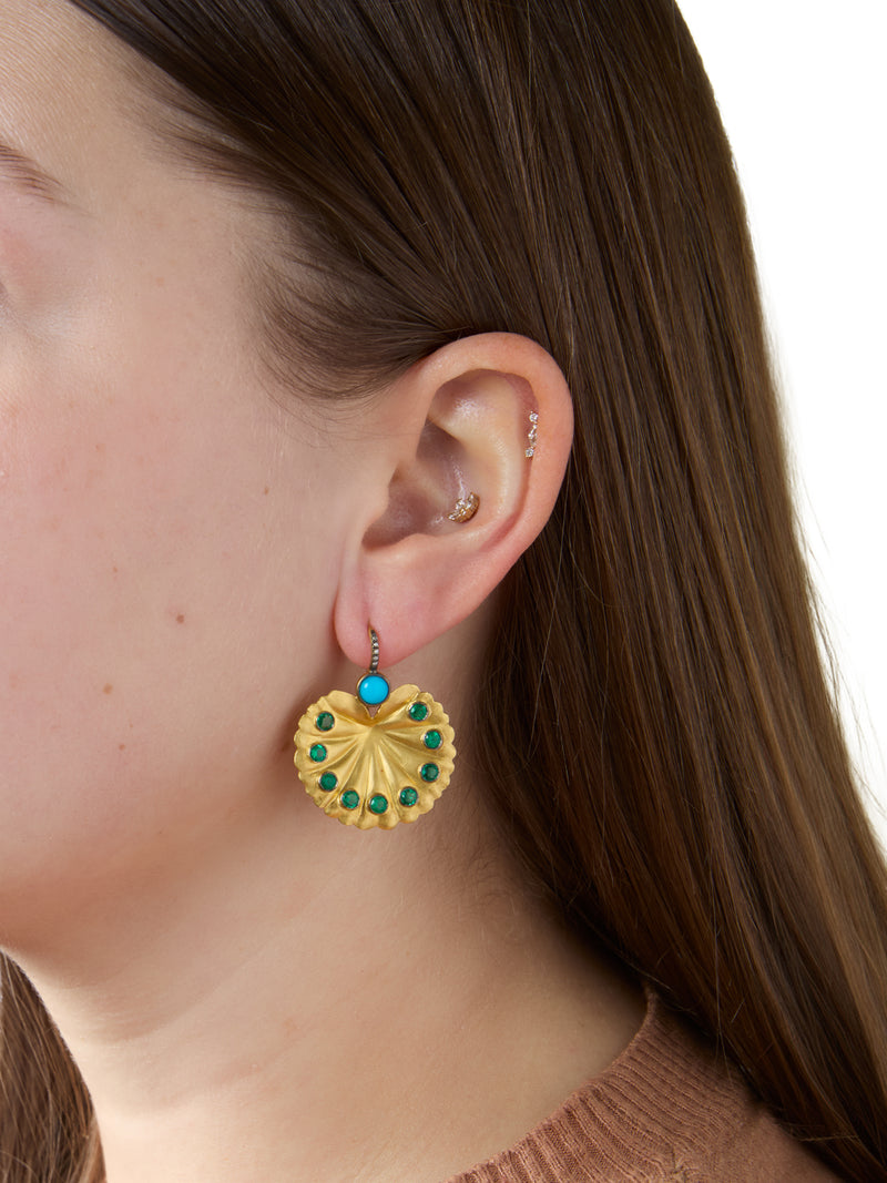 Turquoise & Emerald Forest Lily Pad Yellow Gold Earrings