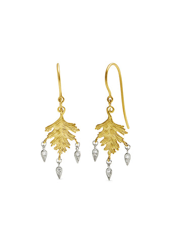 Small Leaf With Dew Drops Yellow Gold & Platinum Earrings