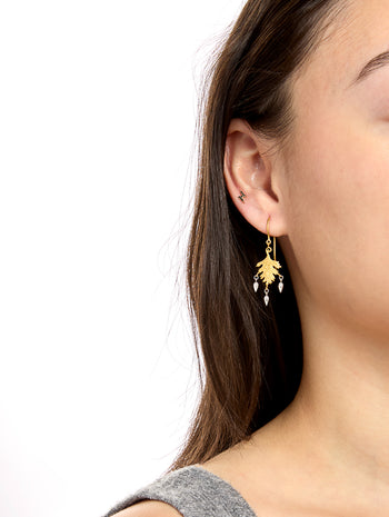 Small Leaf With Dew Drops Yellow Gold & Platinum Earrings