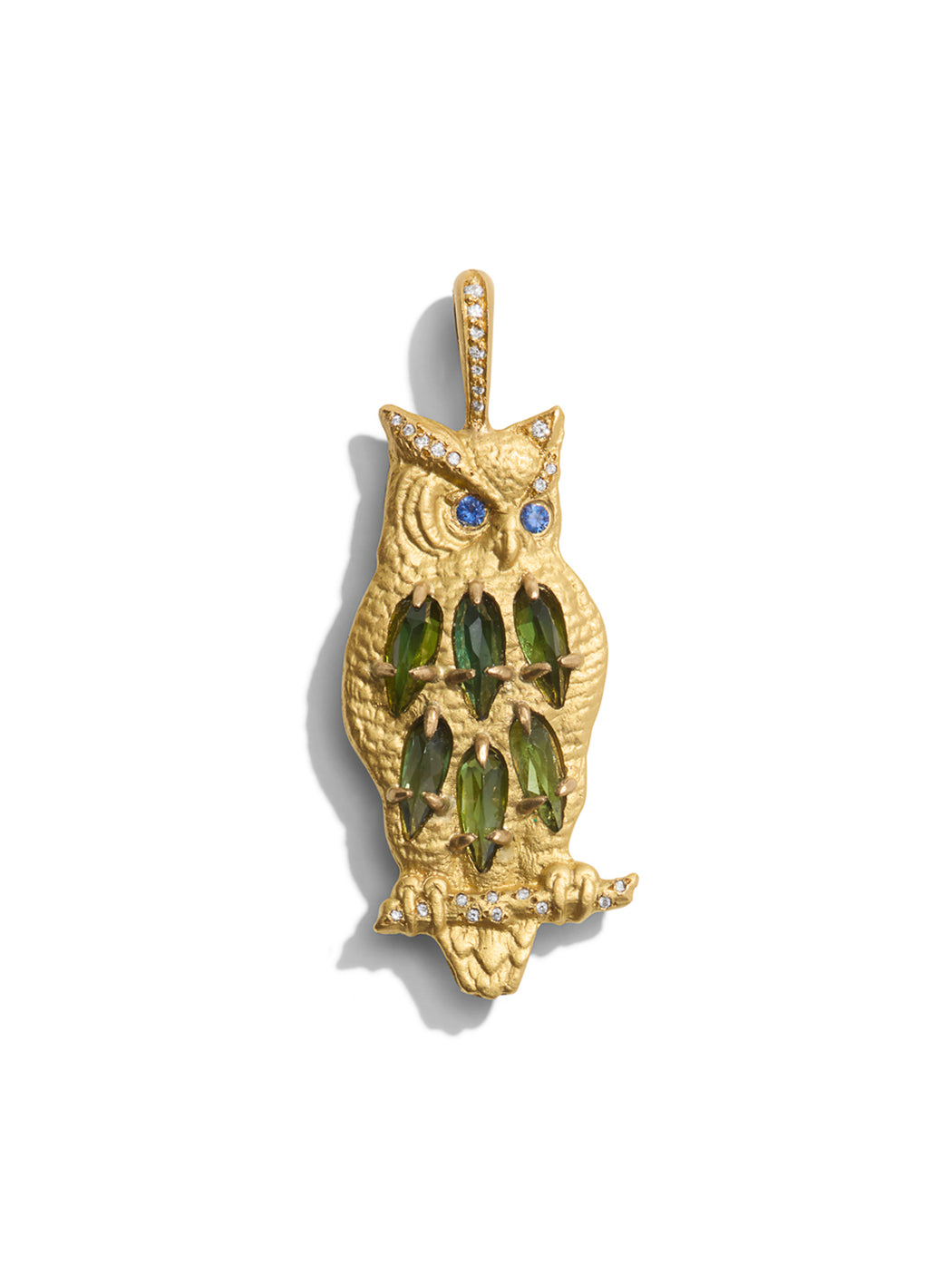 Green Tourmaline Jeweled Yellow Gold Owl Charm