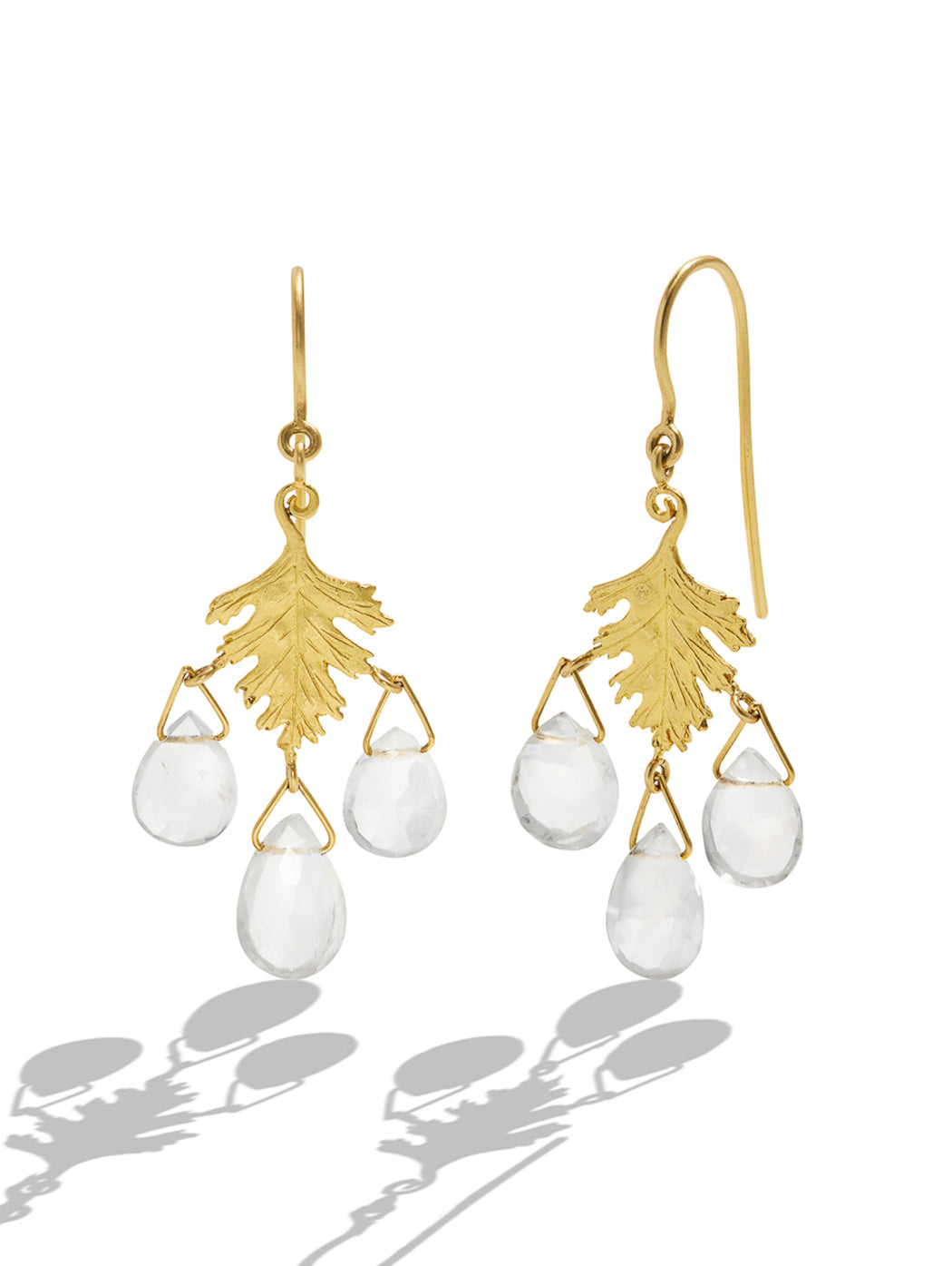 Small Yellow Gold Leaf Earrings with Rainbow Moonstone