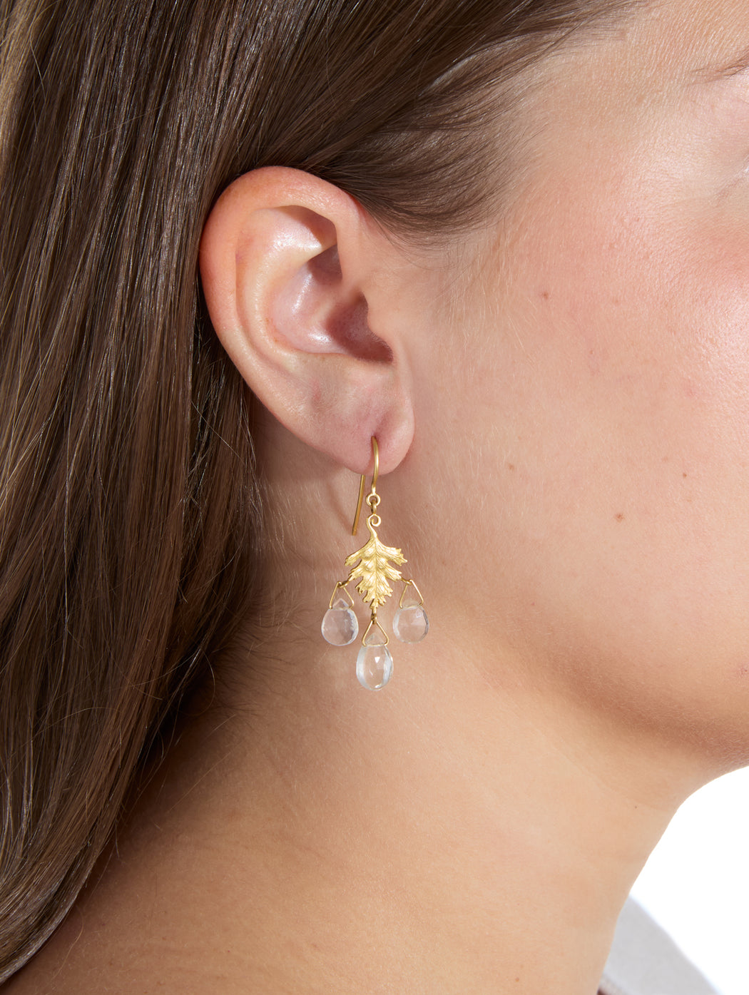 Small Yellow Gold Leaf Earrings with Rainbow Moonstone