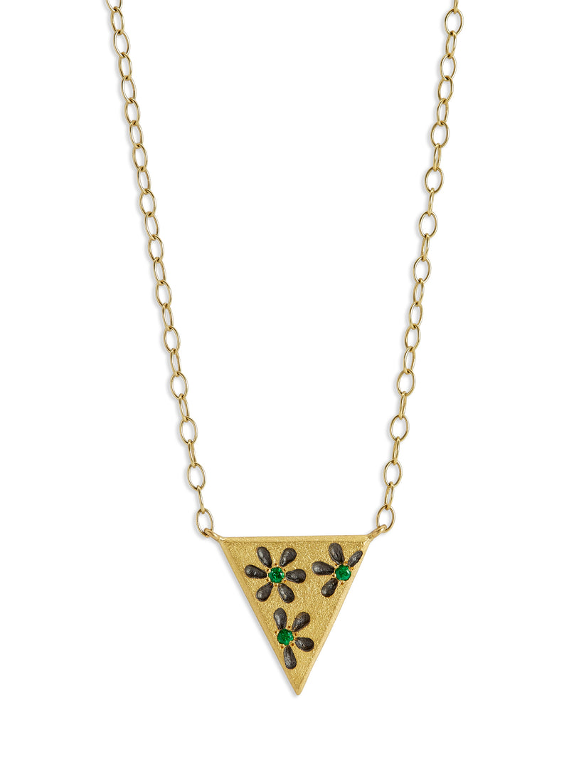 Emerald Flowered Triangle Yellow Gold Necklace