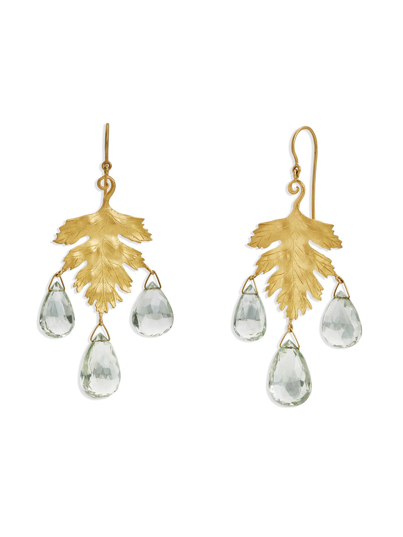 Large Yellow Gold Leaf Earrings with Green Amethyst Drops