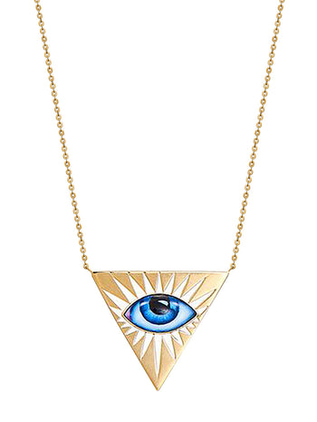 Small Blue Enamel Triangle Evil Eye Yellow Gold Necklace