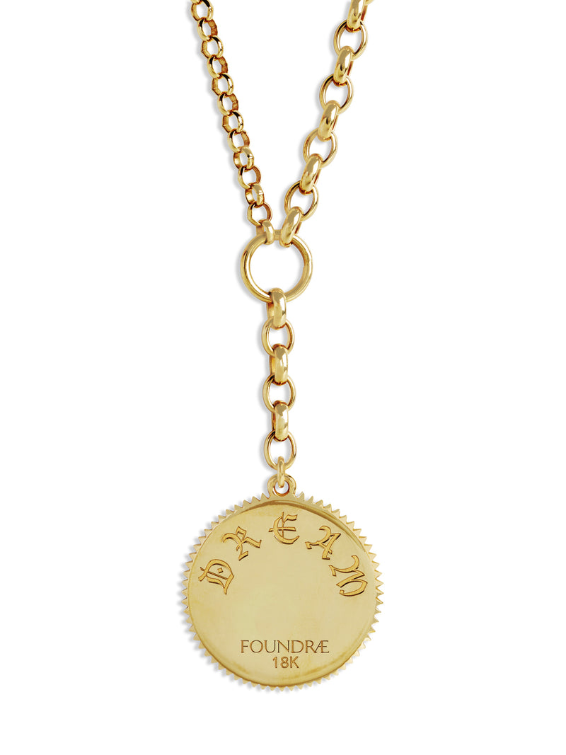 Large Dream Medallion On Mixed Medium and Large Belcher Yellow Gold Necklace