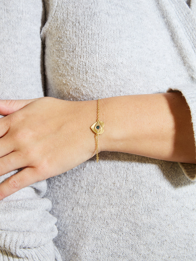 Double Sided Evil Eye Heart Charm on Yellow Gold Bracelet