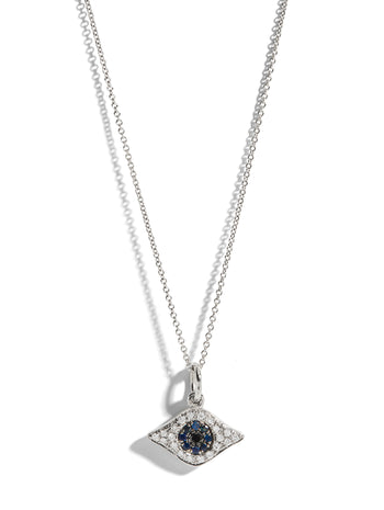 Blue Sapphire and Diamond Kitten Eye Pendant White Gold Necklace