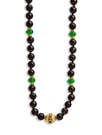 Black Shungite & Emerald Jade Beaded Yellow Gold Necklace