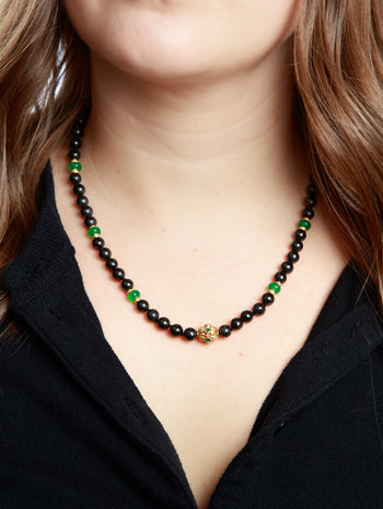 Black Shungite & Emerald Jade Beaded Yellow Gold Necklace