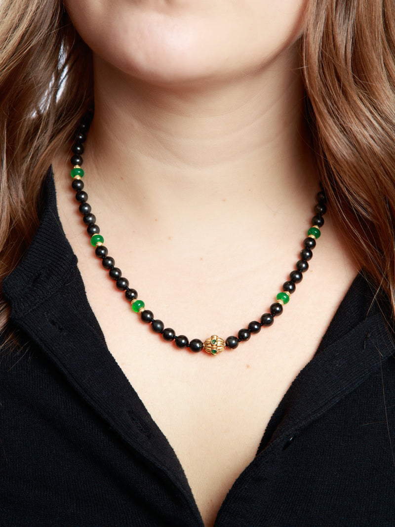 Black Shungite & Emerald Jade Beaded Yellow Gold Necklace