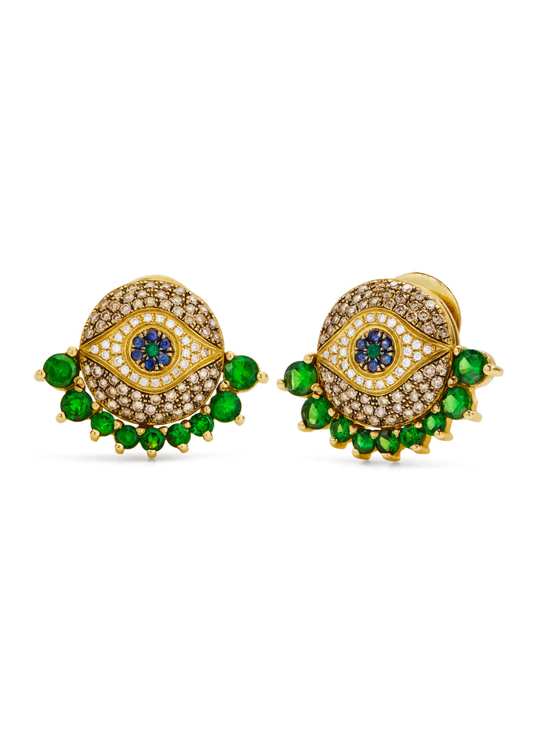 Diamond, Sapphire, & Tsavorite Yellow Gold Dawn Stud Earrings