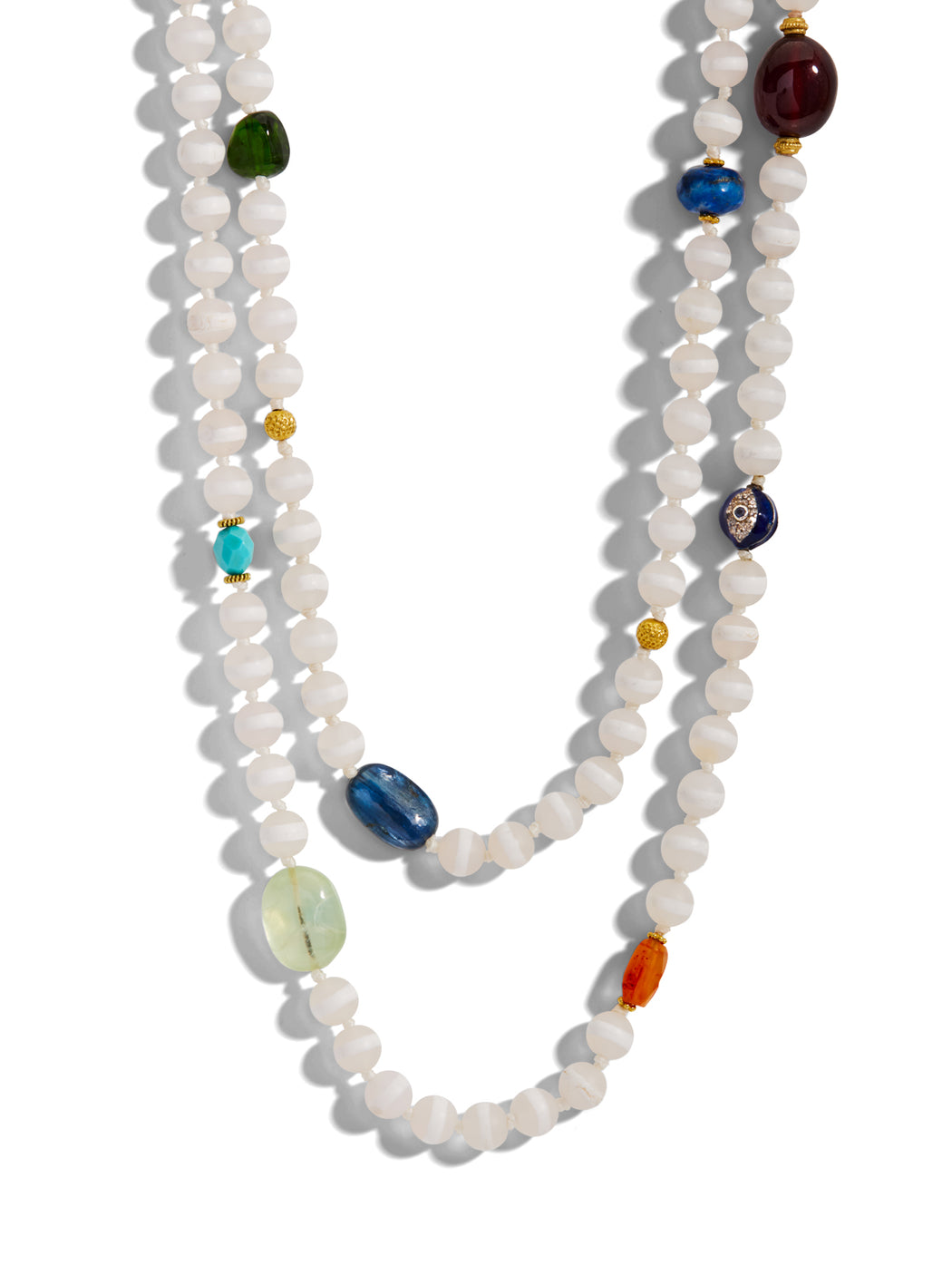 Striped White Agate & Multi-Color Stone Extra Long Beaded Necklace