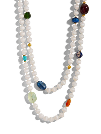 Striped White Agate & Multi-Color Stone Extra Long Beaded Necklace