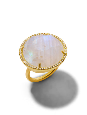 Large Classic Rainbow Moonstone and Diamond Yellow Gold Ring