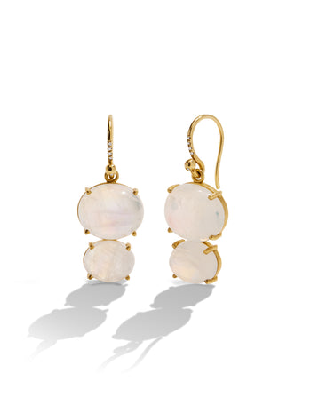 Rainbow Moonstone Double Drop Yellow Gold Earrings