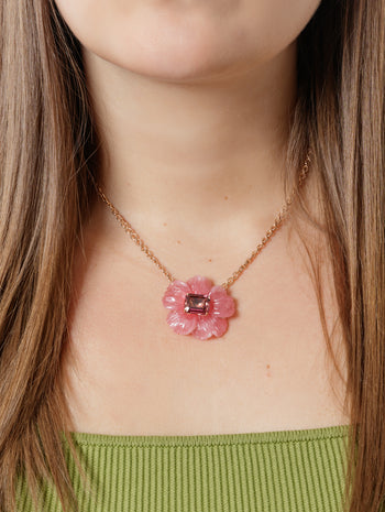 Tropical Flower Carved Rhodochrosite & Pink Tourmaline Center Rose Gold Necklace