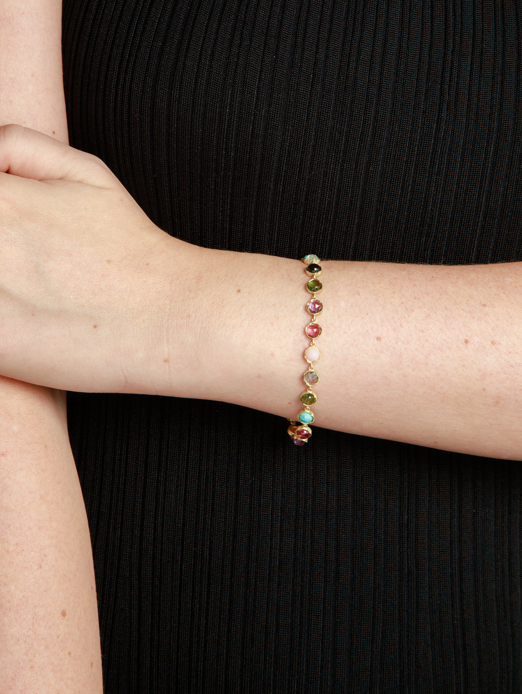 Multi Gemstone Small Classic Link Mixed Yellow Gold Bracelet