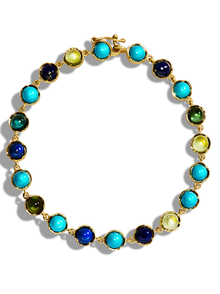 Turquoise, Green Tourmaline, & Lapis Petite Classic Link Yellow Gold Bracelet