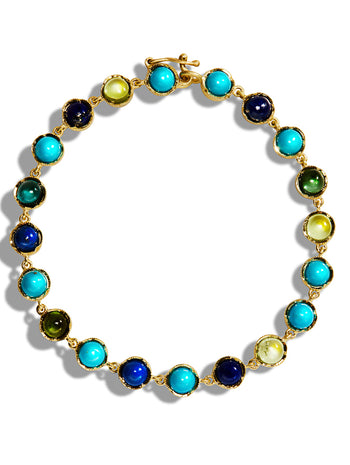 Turquoise, Green Tourmaline, & Lapis Petite Classic Link Yellow Gold Bracelet