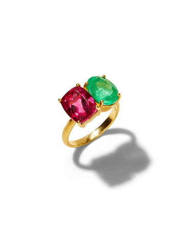 Gemmy Gem Emerald & Rubellite Yellow Gold Ring