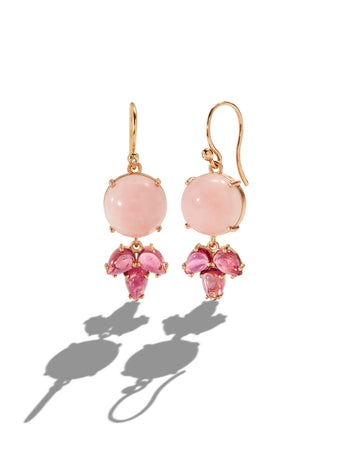 Classic Dew Drop Pink Opal and Tourmaline Yellow Gold Earrings