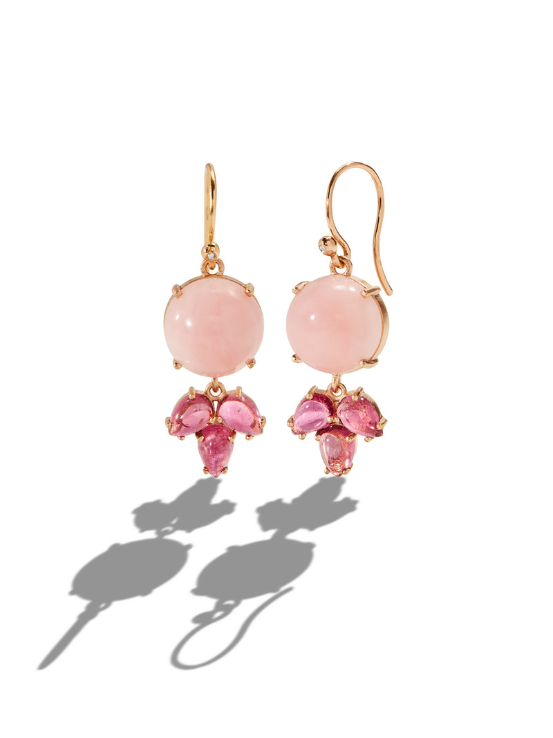 Classic Dew Drop Pink Opal and Tourmaline Yellow Gold Earrings