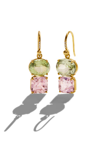 Gemmy Gem Green Tourmaline & Kunzite Yellow Gold Earrings