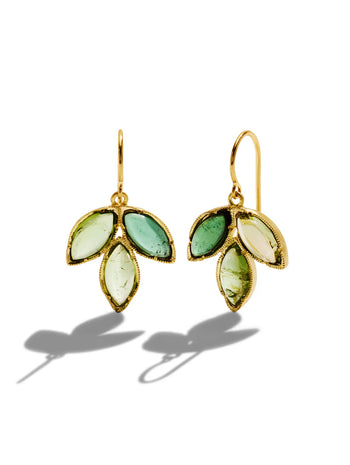 Mixed Green Tourmaline Three Marquise Yellow Gold Earrings