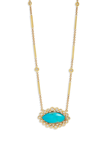 Graduated Diamond Border Turquoise Marquise Yellow Gold Necklace