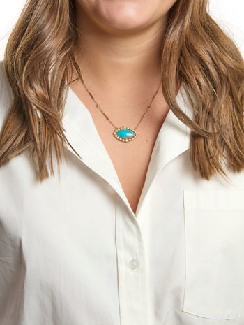 Graduated Diamond Border Turquoise Marquise Yellow Gold Necklace