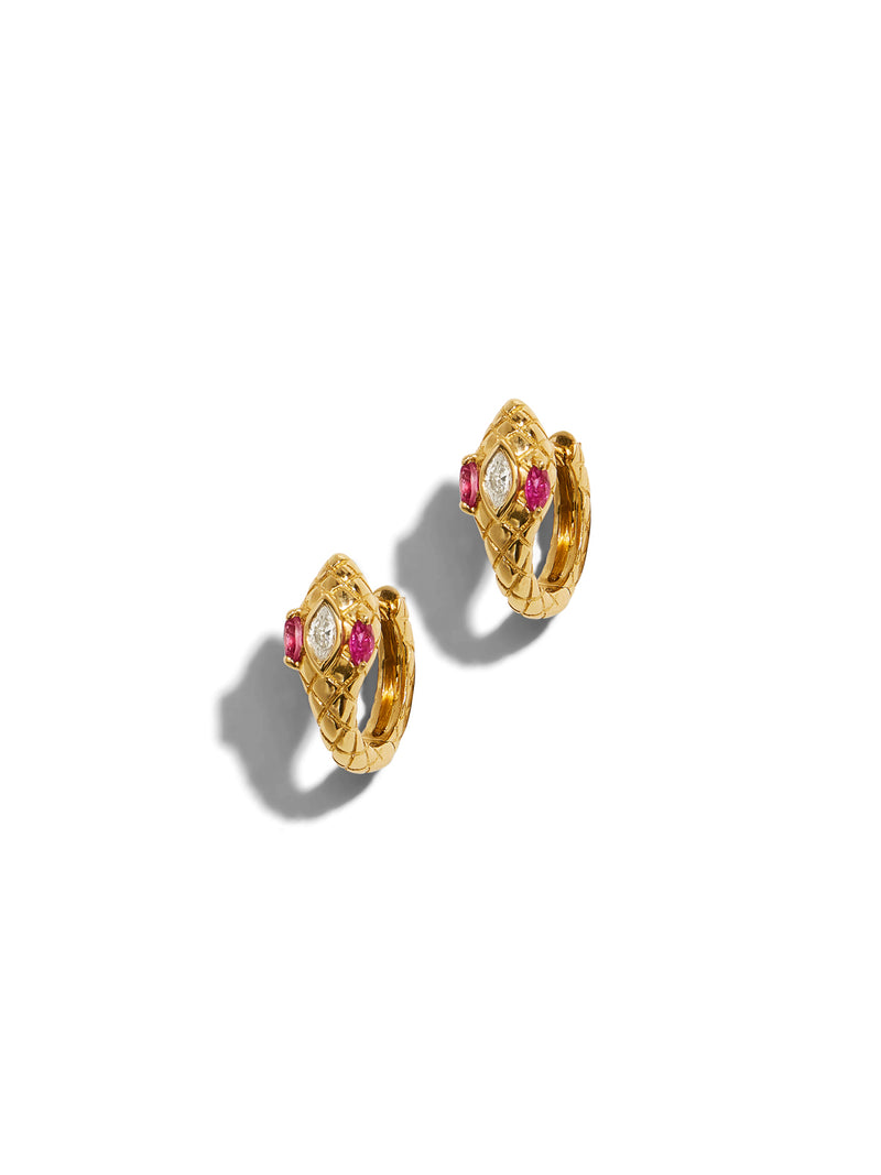 Ruby Eyes Marquise Diamond Snake Yellow Gold Mini Hoop Earrings