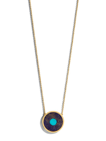 Lapis Inlay with Turquoise Center Evil Eye Yellow Gold Necklace