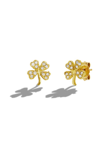 Mini Diamond Four-Leaf Clover Yellow Gold Stud Earrings